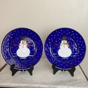 Set Of 2 Vintage 1997 Snowman The Golden Rabbit II Enamelware Plates